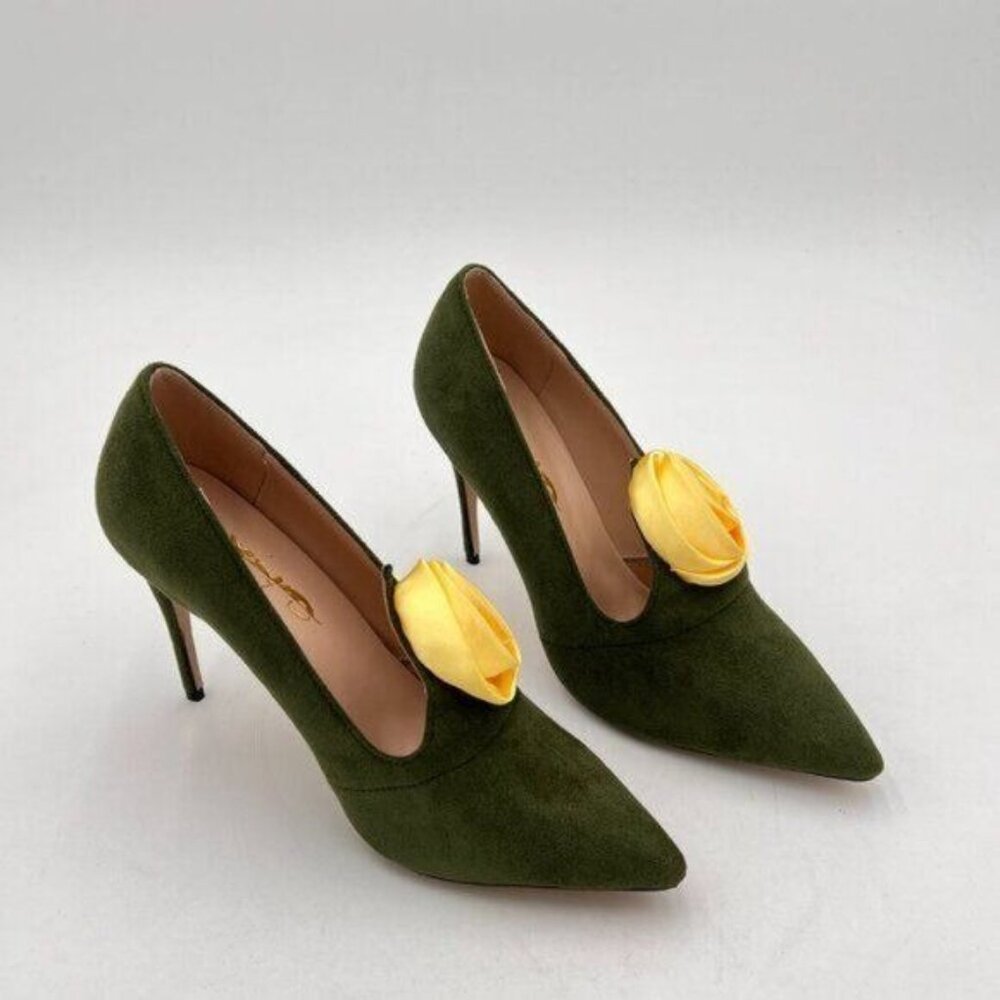 XYD Green Elegant Dress Pumps Suede Pointed Toe High Heels Rose Flower Shoes - Picture 4 of 8
